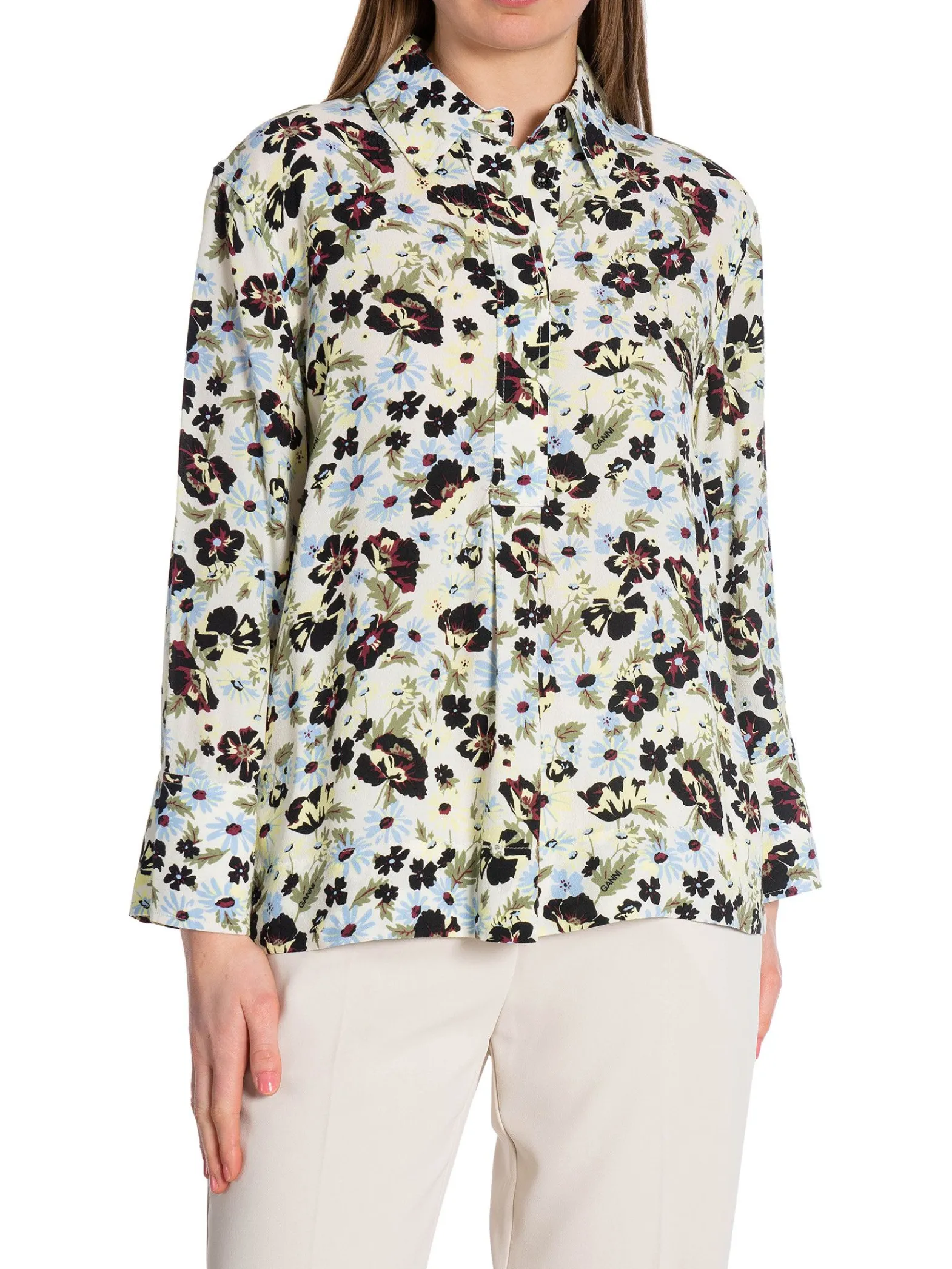 Ganni Blus Printed Crepe Meadow Egret^ Blusar