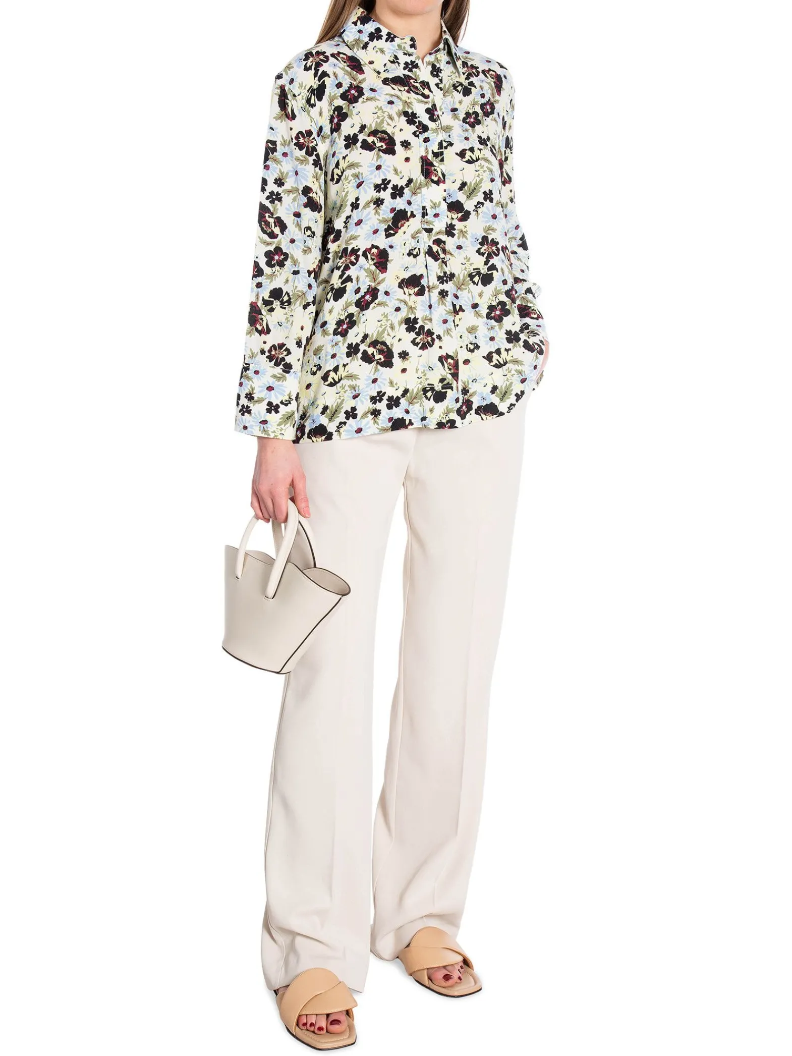 Ganni Blus Printed Crepe Meadow Egret^ Blusar