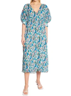 Ganni Klanning Pleated Georgette Floral Azure Blue^ Klänningar